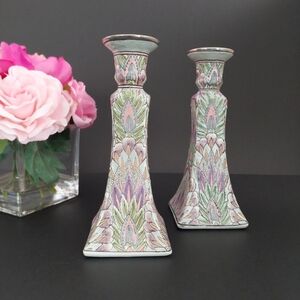 Vintage Asian Porcelain Chinoiserie Green Purple Candlesticks Holders